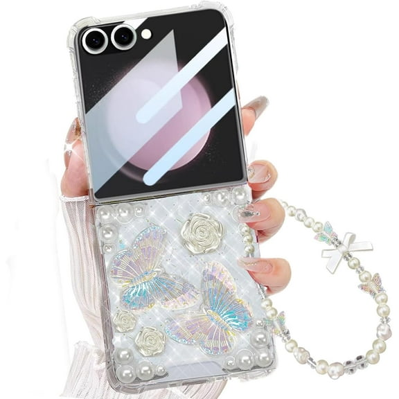 Compatible with Samsung Galaxy Z Flip 7 Case with Chain, Cute 3D Bling Crystal Clear Sparkle Butterfly Floral Pearl Women Girls Shockproof Phone Cover Soft Case Wrist Strap for Z Flip 7