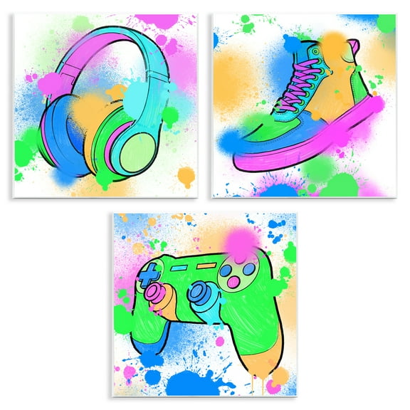 Stupell Industries Urban Gaming & Sneakers Entertainment Painting Unframed Art Print Wall Art, 12 x 12, Set of 3