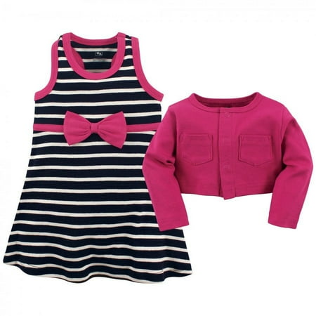 UPC: 0660168507331 | Hudson Baby Infant and Toddler Girl Cotton Dress and Cardigan 2pc Set Berry Navy 3-6 Months