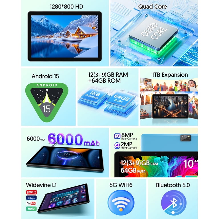 FITIFUN, 10 inch Tablet Android 13, 7GB RAM 64GB ROM, Blue