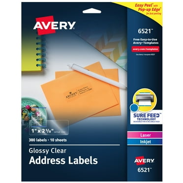 Avery Address Labels, 1" x 2-5/8", Film, Glossy Clear, Laser/Inkjet, Sure Feed, 300 Labels (6521)