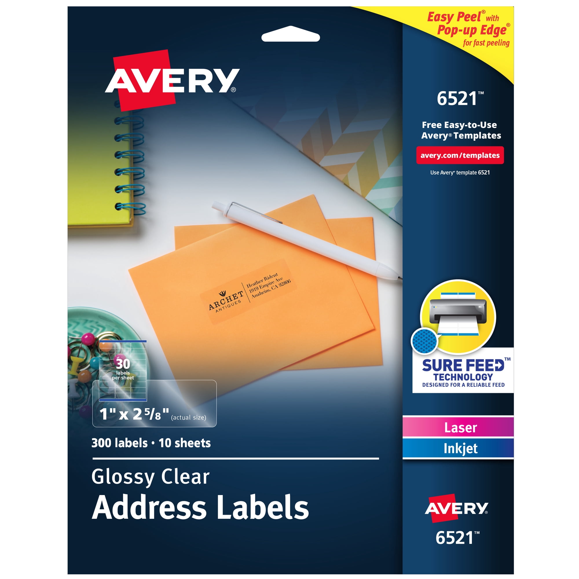 Avery Address Labels, 1" x 2-5/8", Glossy Clear, 300ct (6521)