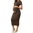 thumbnail image 4 of INSPIRE CHIC Women Maternity Dress Rib Bodycon Midi Short Sleeve Side Stretchy Ruched Pregnancy 1 Piece Photoshoot Babyshower XX-Large Brown, 4 of 6