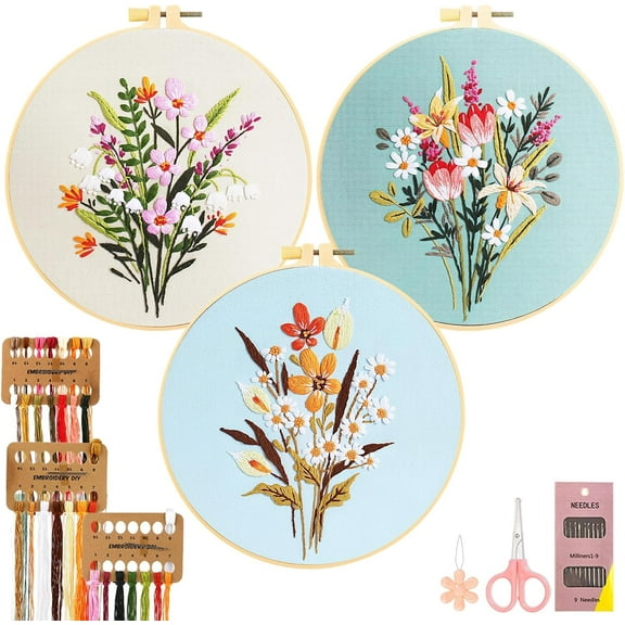 3 Pack Floral Flower Pattern Embroidery Kit for Beginners Kit with Pattern and Instructions Full Range of Embroidery Kits Embroidery Hoops DIY Embroidery Crafts for Adults Beginner