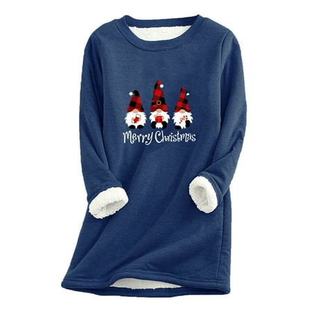 

Swiusd Fleece Jacket Women Christmas Tops for Women Long Full Sleeve Women O Neck Loungewear Nightgowns Print Fall Ladies Velvet Warm Bottoming Shirt Merry Print Top 008 Blue XL