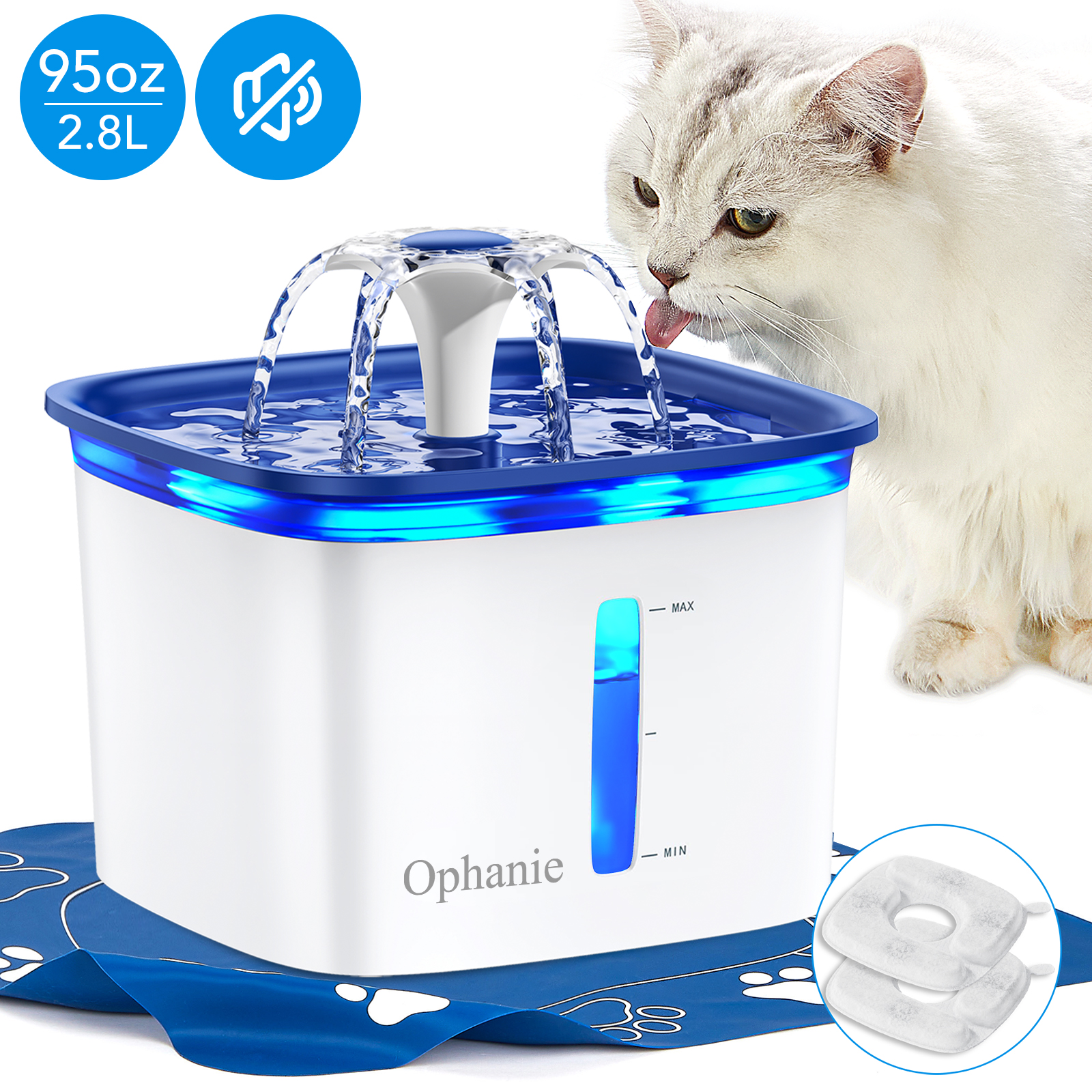 Ophanie Automatic Pet Water Fountain, 95oz, Blue and White