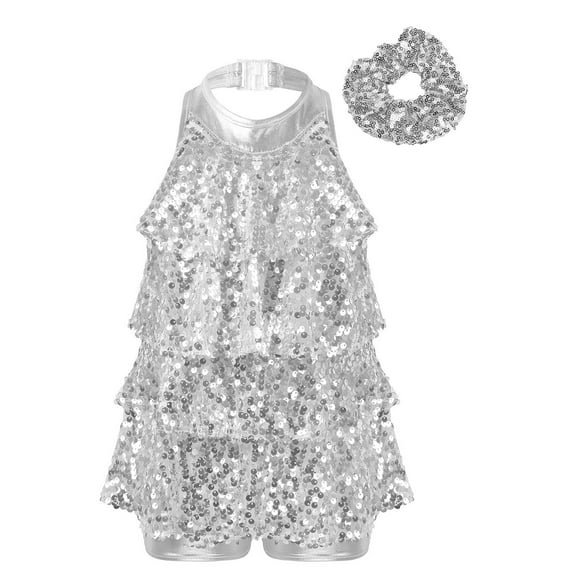 YONGHS Girls Sparkle Ballet Dance Dress Jazz Latin Hip Hop Modern Dance Leotard Performance Costume Silver 12