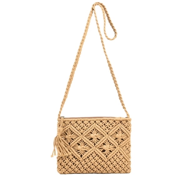 Women Crochet Shoulder Bag, Knitting Handmade Weaving Handbag, Simple Hollow Beach Bag,Khaki