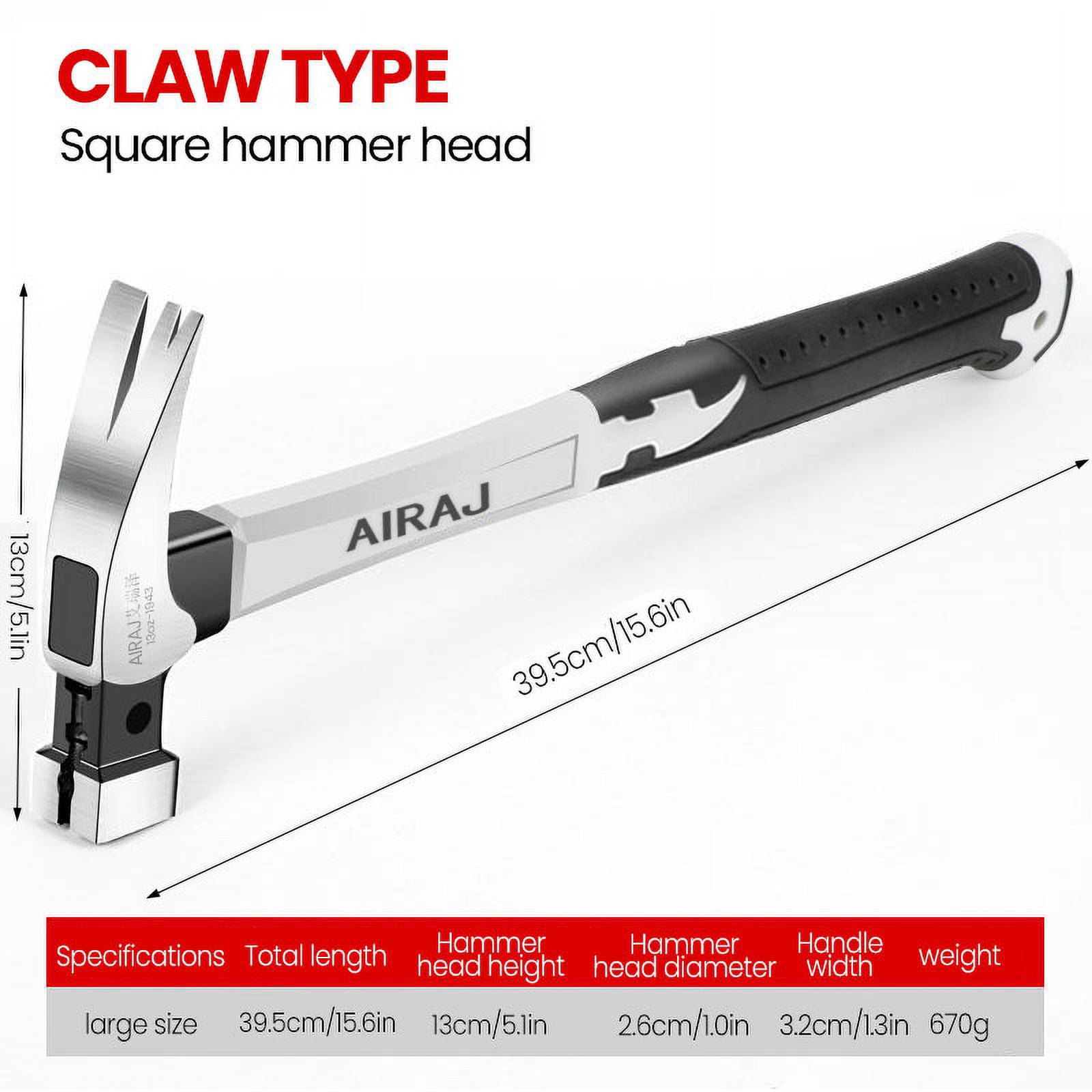 AIRAJ 6-Piece Claw Hammer Set - Forged Carbon Steel Shock-Absorbing & Wear-Resistant with Non-Slip Grip for Professional/Home Use