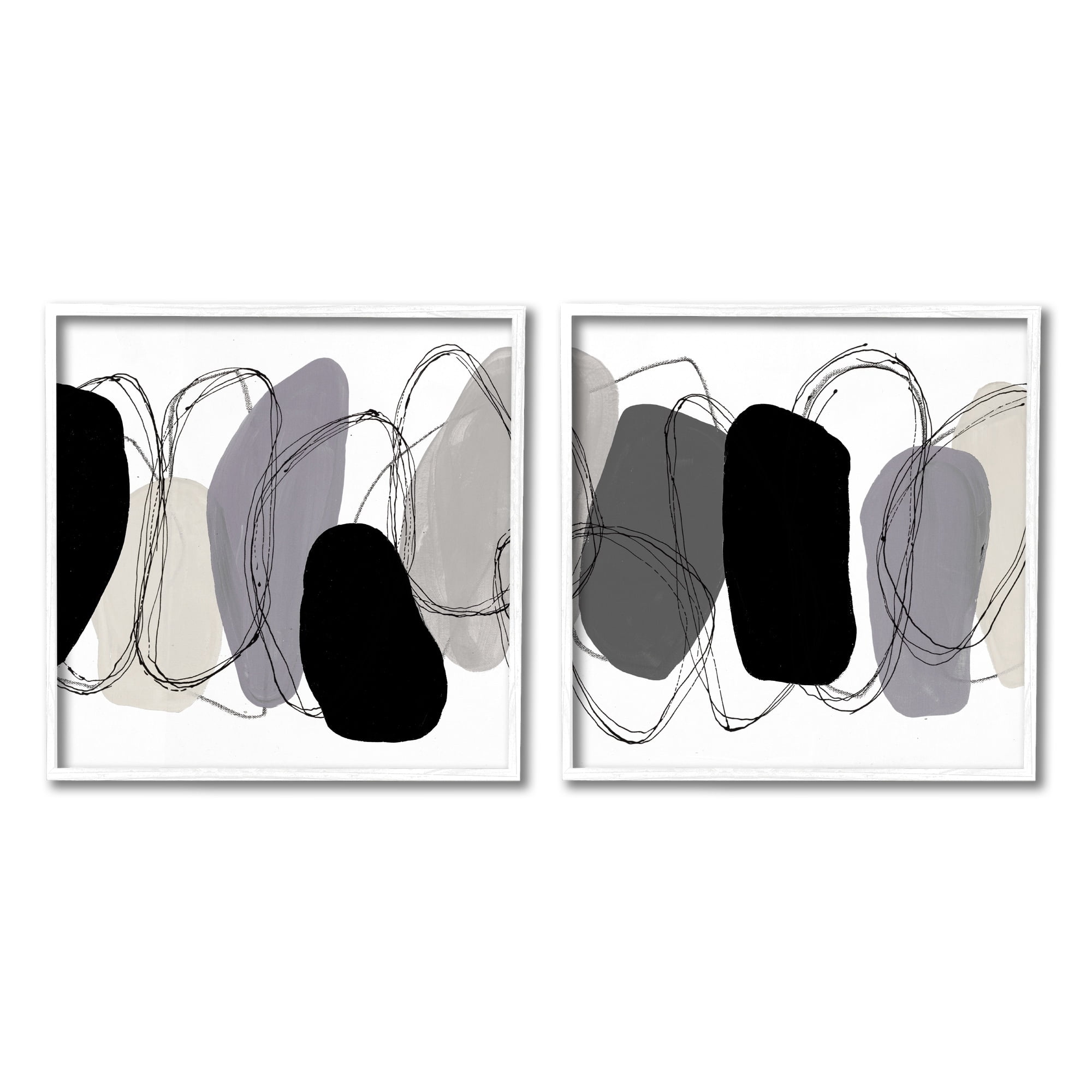 Stupell Industries Contemporary Oblique Circular Shapes Scribble Outlines Graphic Art White Framed Art Print Wall Art, Set of 2, Design by Ruth Fromstein