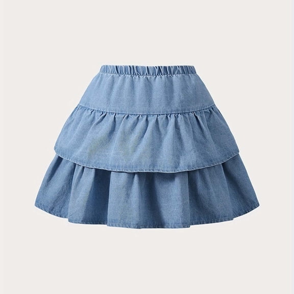 ZHOGXU Children Kids Girls Denim Skirt Elastic Waist Double Layer Comfortable Fashion Mini Skirt For Summer Daily Wear,Blue,9-10 Years