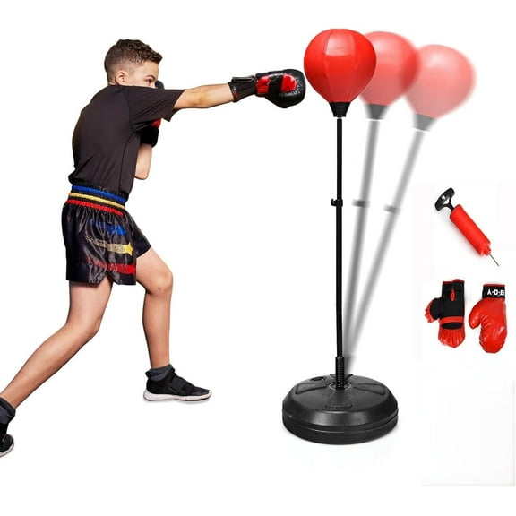Punching Bag, Height Adjustable Boxing Equipment for Adults Teens w/Inflatable Ball, Boxing Gloves & Pump, Freestanding Boxing Bag for Kids 8 Years Old