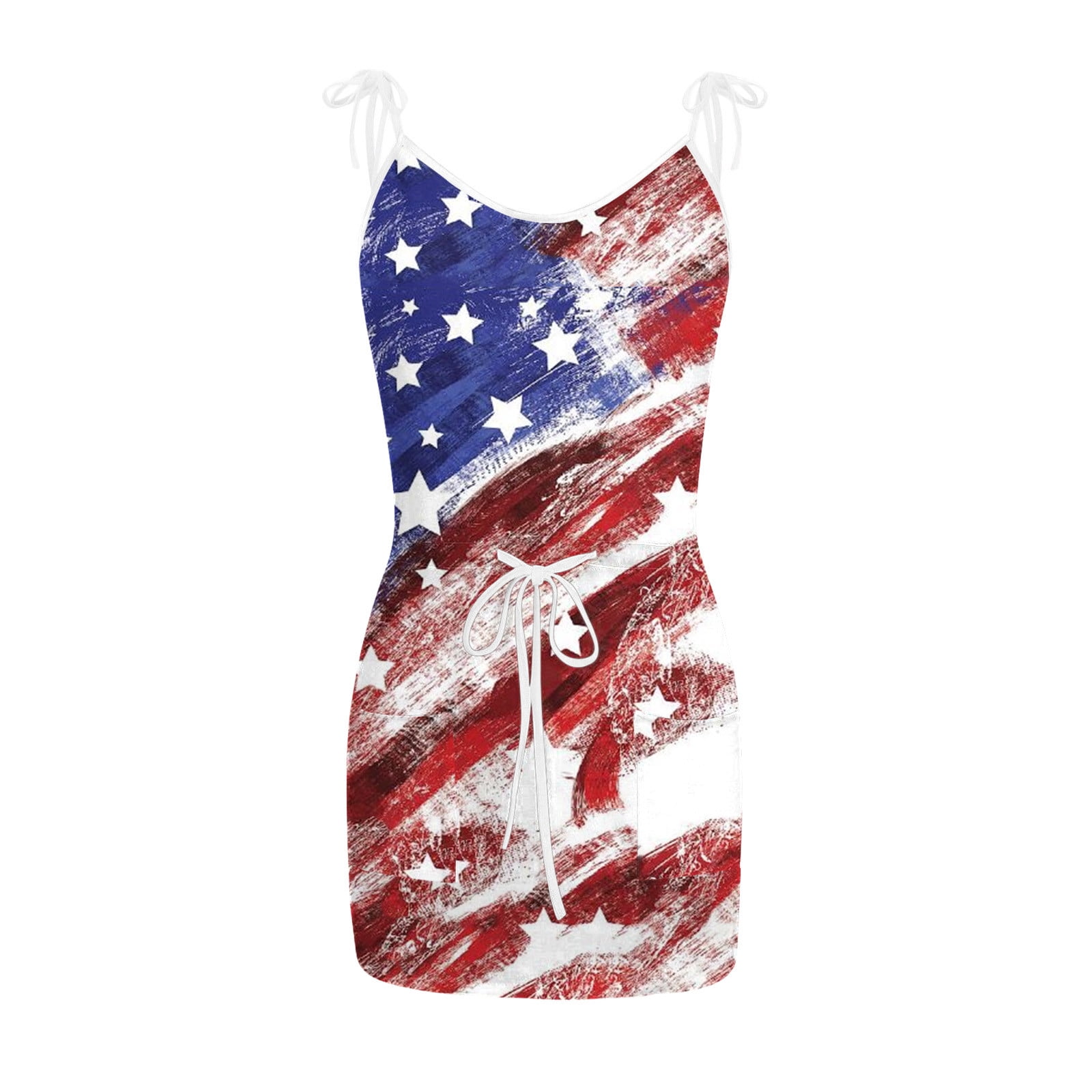 Jamsmile Women Dress Independence Day Beach Sleeveless Spaghetti Strap Camisole Beach Mini Dress Casual Drawstrings Athletic Dresses