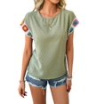 thumbnail image 1 of Blusas de Verano para Mujer, Camisetas Casuales de Corta, Cuello Redondo, Blusas Bohemias con Estampado Floral de Crochet. Verde M, 1 of 10