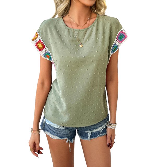 Blusas de Verano para Mujer, Camisetas Casuales de Corta, Cuello Redondo, Blusas Bohemias con Estampado Floral de Crochet. Verde M