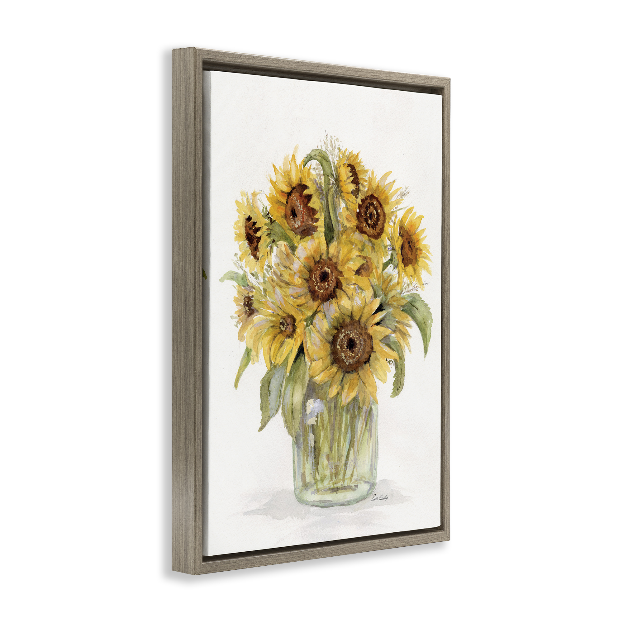 Stupell Industries Sunflower Jar Bouquet Botanical & Floral Painting Brown Floater Framed Art Print Wall Art, 17 x 25