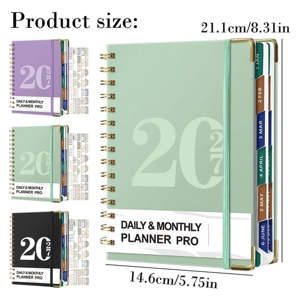 Clearance Sale | 2026-2027 Weekly and Monthly Planner with 12 Tabs, Thick Paper and Wire Binding - Green