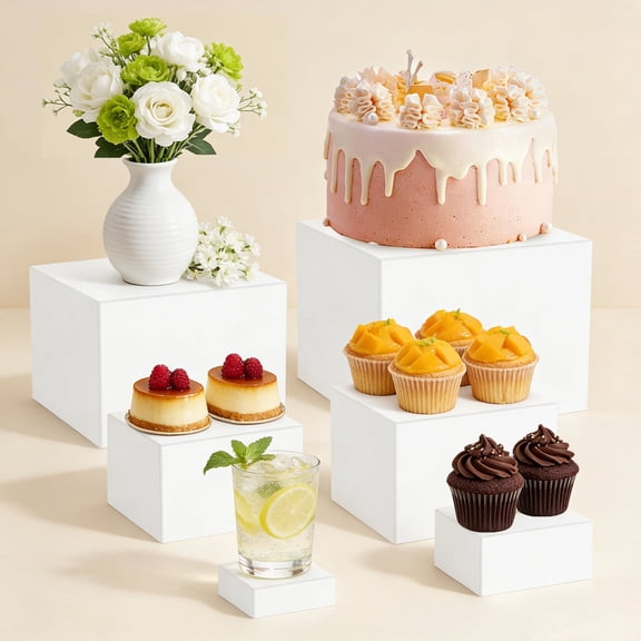 Dessert Table Display Set of 6, Food Risers for Buffet Table, White Acrylic Nesting Display Stand for Party Catering, Cake Pastry Organizers Boxes (8" 7" 6" 5" 4" 3")