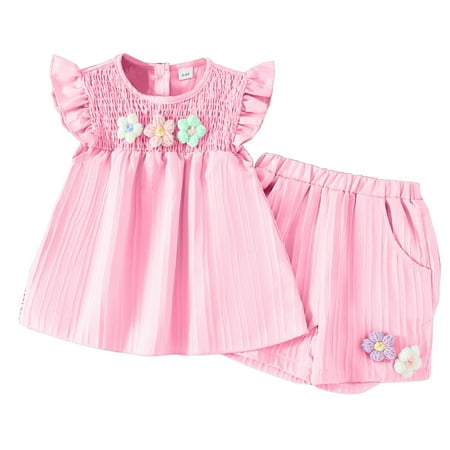 Girl Pajamas Summer 3D Flower Ruffle Sleeveless Smocked Tunic Top Shorts Set 2Pcs Girls Pjs Pink 3 Years-4 Years