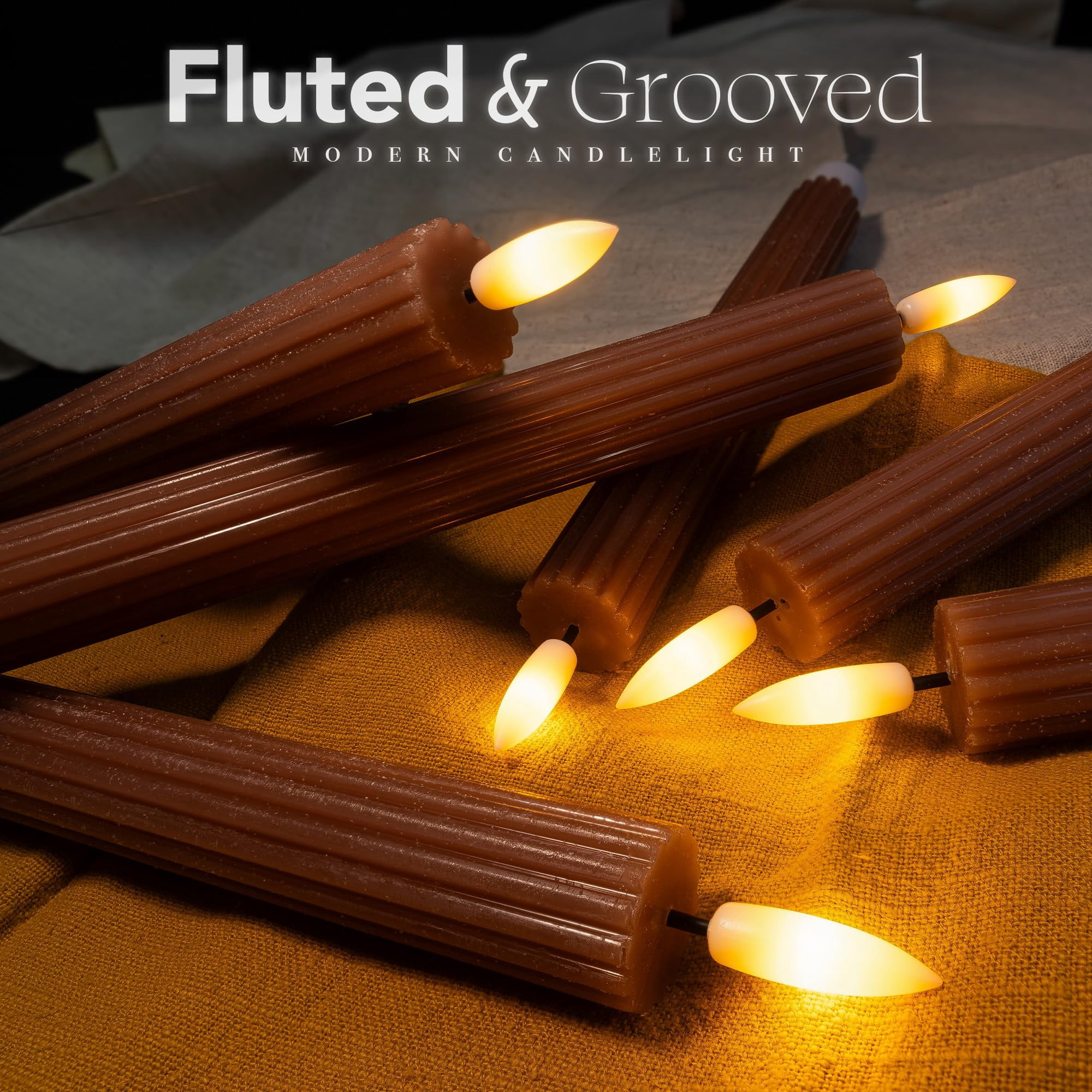 WYZworks 10" Fluted Ribbed LED Brown Tan Grooved Pillar Candles, Remote & 24h Timer Memory, On/Off Switch - Flameless Dimmable Battery Operated w/Flicker Mode, Home Wedding Decor (6 Pack)