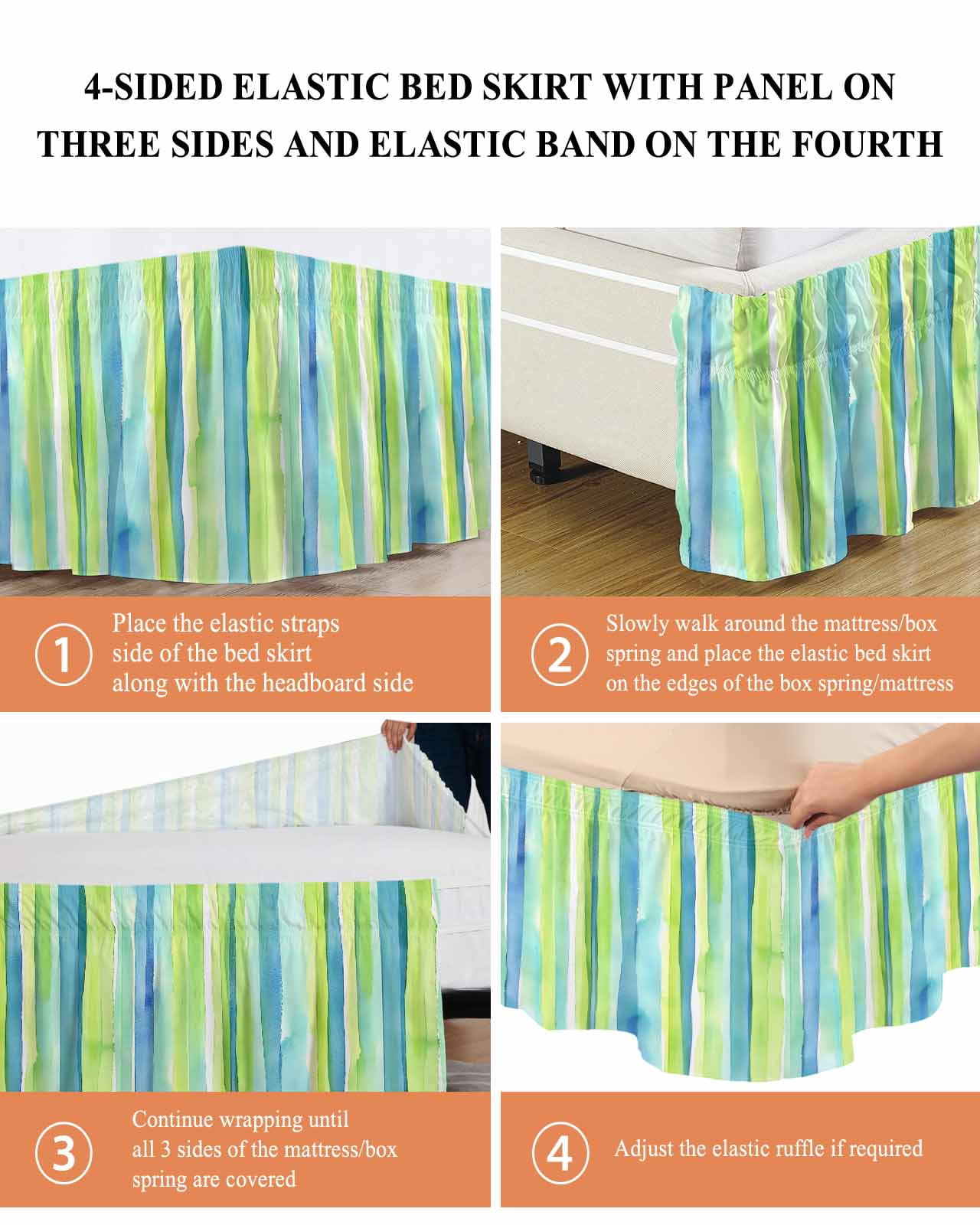 Green Yellow Striped Bed Skirt Queen Size 18" Drop Abstract Art Watercolor Ombre Ruffled Wrap Around Bed Skirts Adjustable Elastic Bedskirt Dust Ruffle for Queen Size Bed