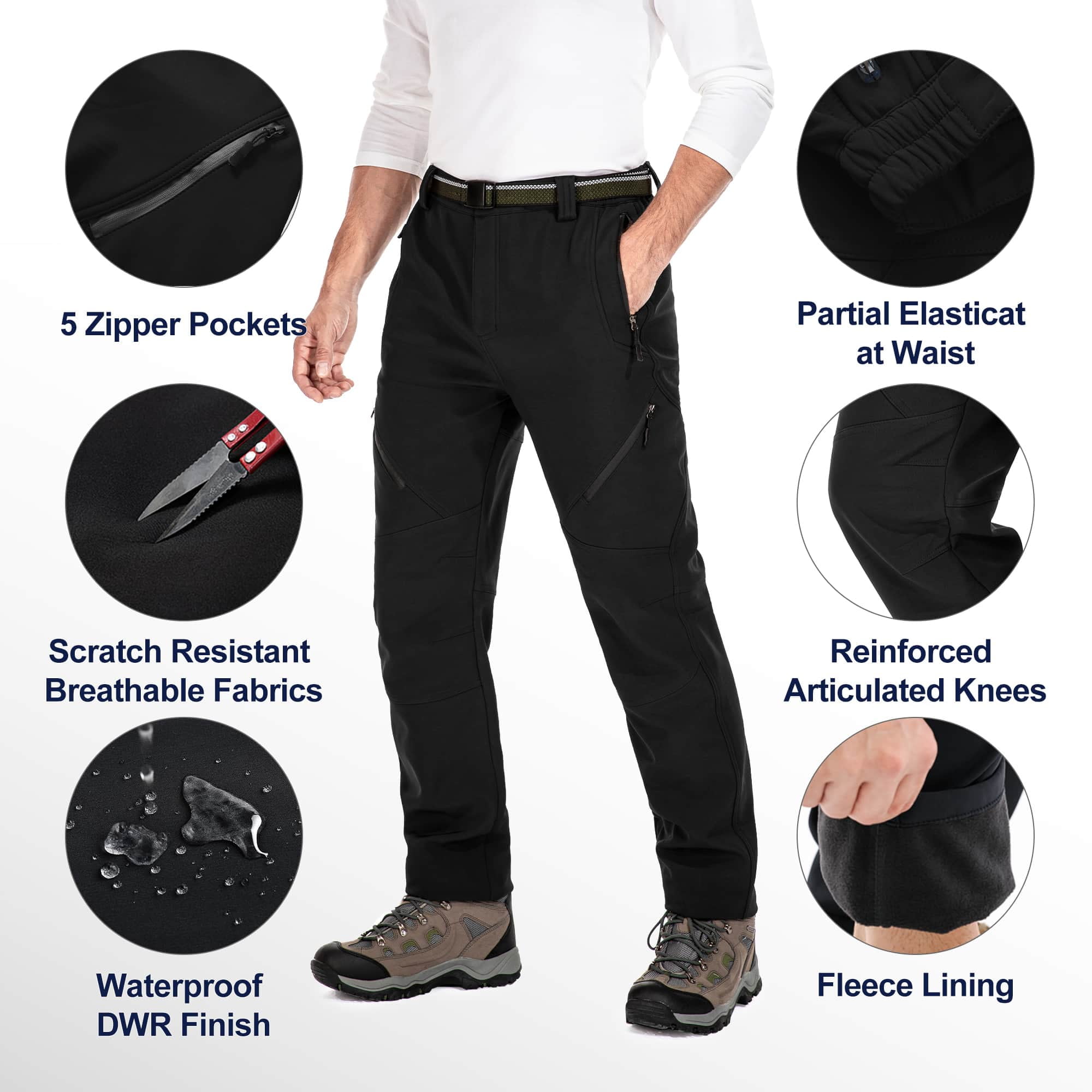 FEN AI Ski Snow Pants Men Fleece Lined Cargo Pant for Hiking Outdoor Insulated Winter Warm Softshell Trousers Black