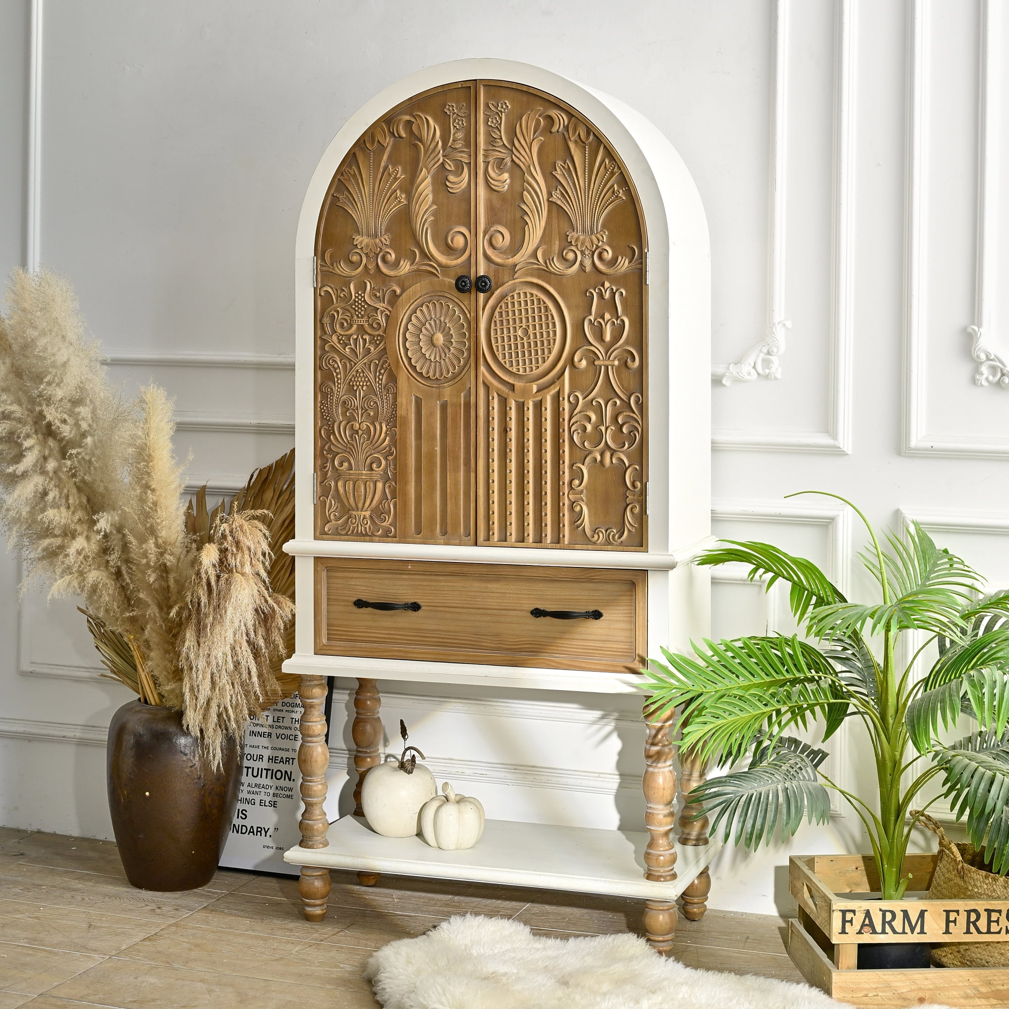 Leumius 31.50" Arched Flower Carved Door Accent Sideboard Cabinet with 1 Drawer and Shelf, Wooden Cabinet for Kitchen, Dining Room, Living Room