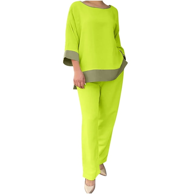 Sentmoon Ensemble Détente 2 Pcs Hauts pour Femmes et Pantalons à Jambes Larges Femmes Grande Taille Col Ras du Cou Pyjama pour Femmes Manches Longues Thermique Pyjama pour Femmes Automne pour Fins de Semaine Relaxantes