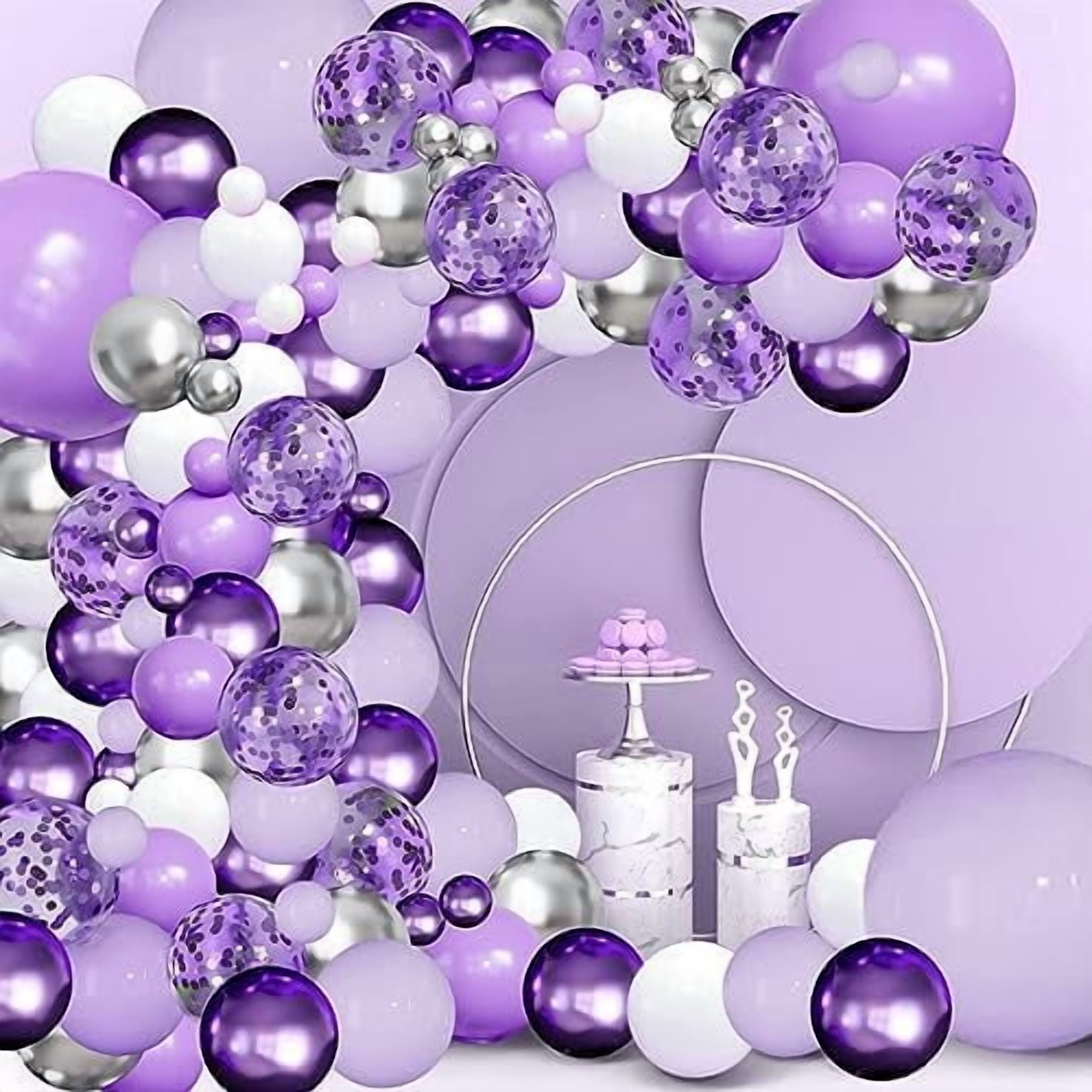 Purple Balloons Garland Arch Kit,144pcs Lavender Purple Pastel Purple Confetti Balloons with Silver White Ballons for Butterfly Bridal Shower Birthday Wedding Party Decoration