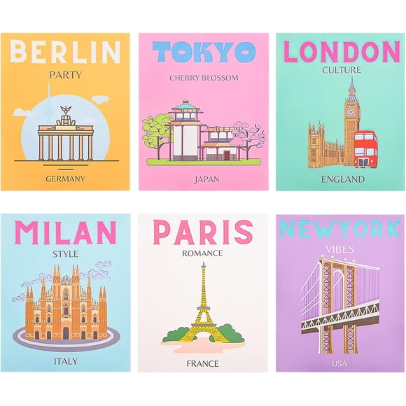 Aesthetic City Posters Wall Art Posters, Set of 6 Colorful Preppy Room Decor, Wall Art Exhibition Poster & Prints,Canvas Wall Art Collage(Unframed, 8x10in)