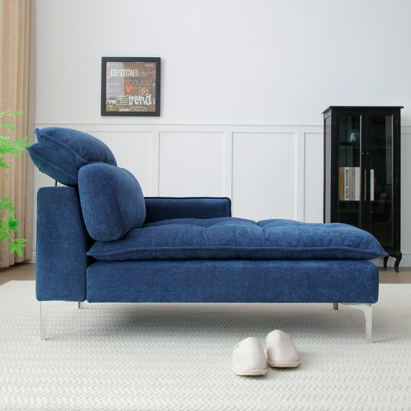 Blue Chaise Lounge Upholstered Chair，Upholstered Lounge Chair with Left Armrest & Lumbar Pillow, for Living Room,Indoor Chaise Lounge Chair