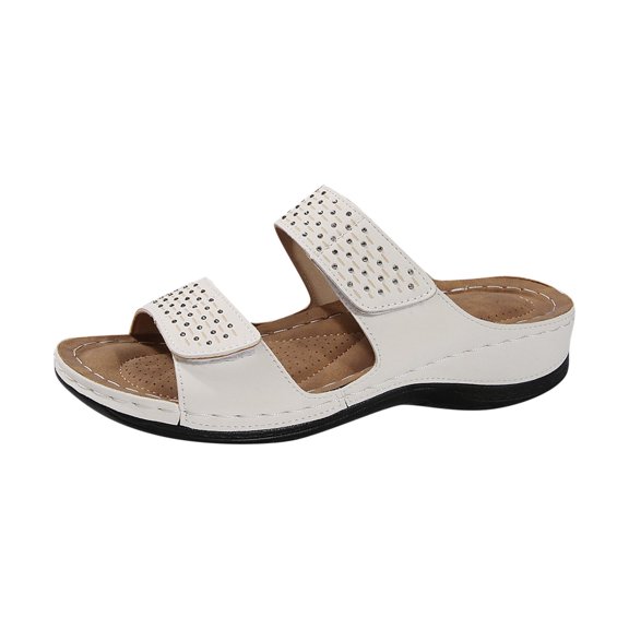 Xfvqtps Wedge Sandals for Womens Slide Sandals Double Hook and Loop Straps Rhinestone Open Toe Arch Support Non Slip Summer Sandals White