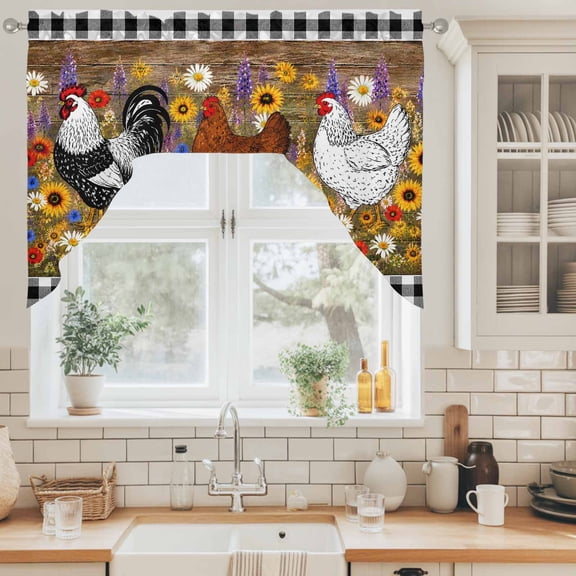 Farm Hen Swag Curtain Valance for Windows, Country Farmhouse Rooster Sunflower Daisy Black White Plaid Swag Curtains Drapes Rod Pocket for Kitchen Bathroom Small Window, 1 Panel 56x36in