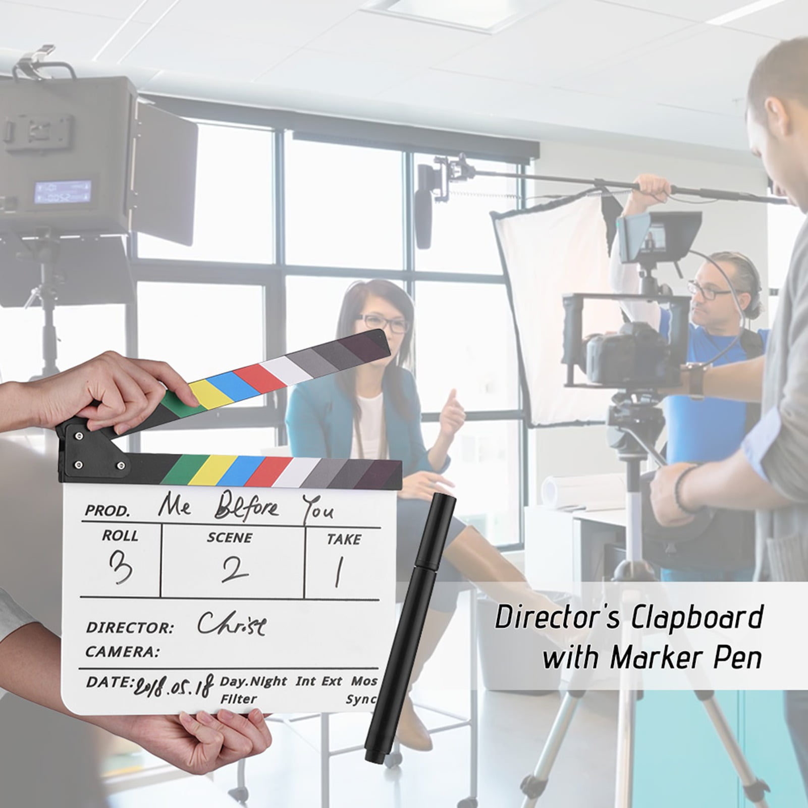 Photography Dry Erase Acrylic Director Film Clapboard Movie TV Cut Action Scene Clapper Board Slate With Marker Pen, Color Stick, White