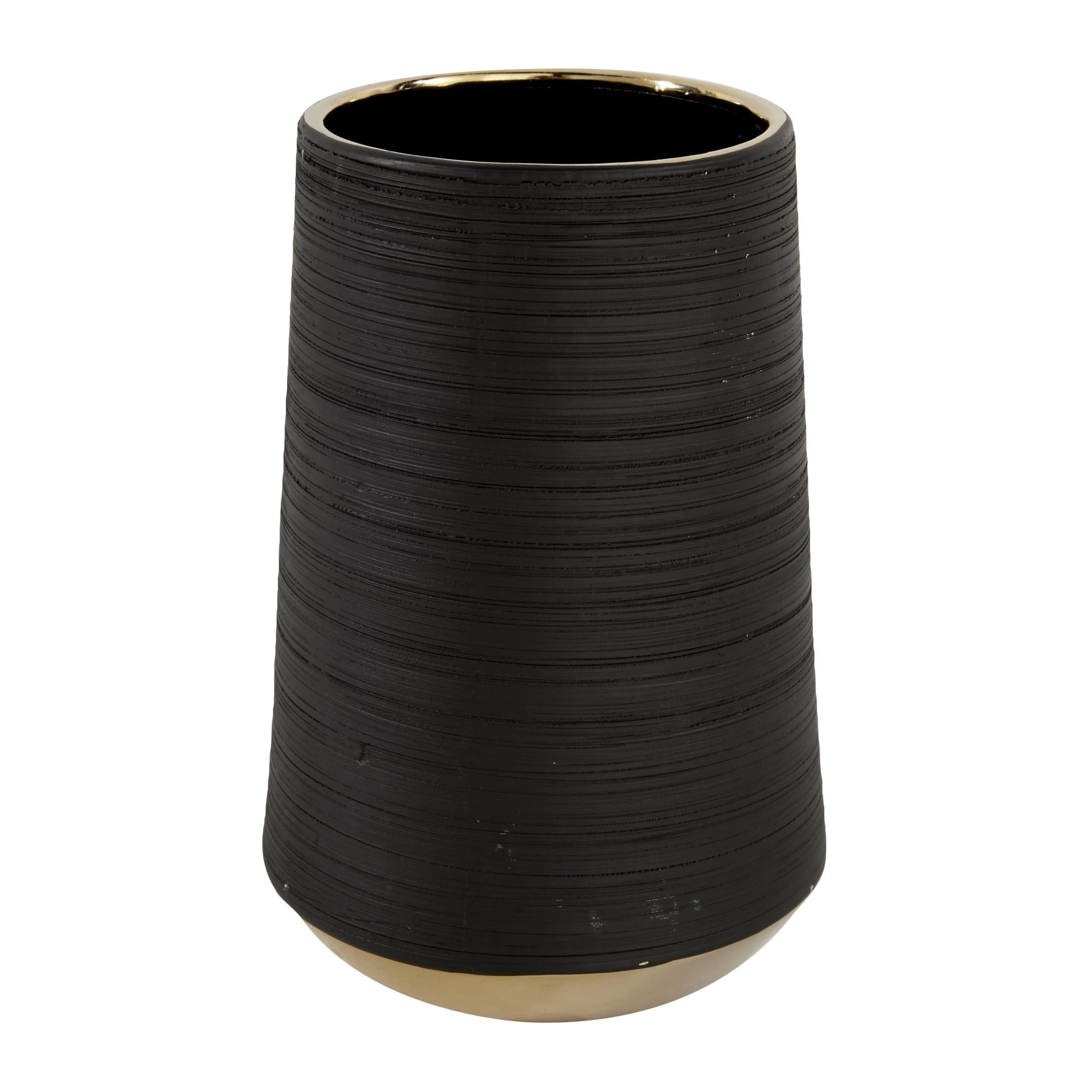 CosmoLiving by Cosmopolitan 8" Ribbed Black Porcelain Ceramic Vase with Gold accents