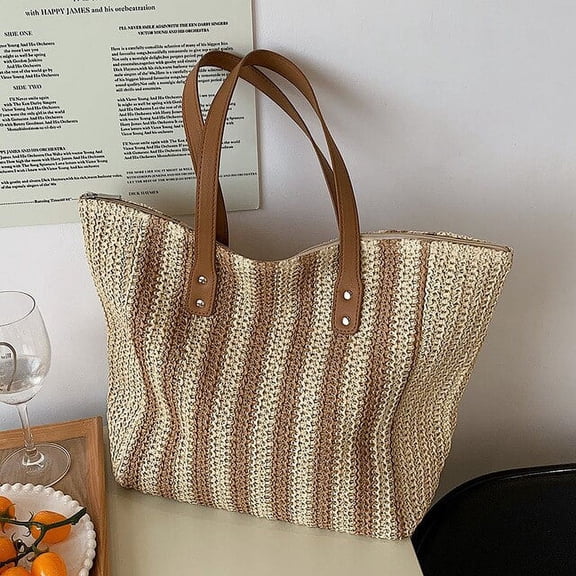 JUYGO Summer Style Striped Straw Shoulder Bag for Women Handmade Travel Beach Bag Travel Shopping Tote Handbag Ladies Basket bolsa