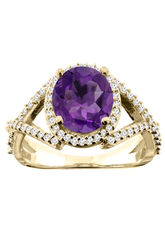 14K Yellow Gold Natural Amethyst Ring Oval 9x7mm Diamond Accent, size 6.5