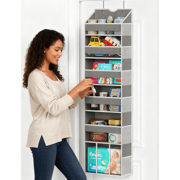 FOUKUS Over The Door Organizer Hanging: 6 Shelf Over Door Organizers with 6 Clear Front & 12 Side Pockets, Swing-proof 50LB Load Behind Door Storage for Closet Bedroom Bathroom Nursery