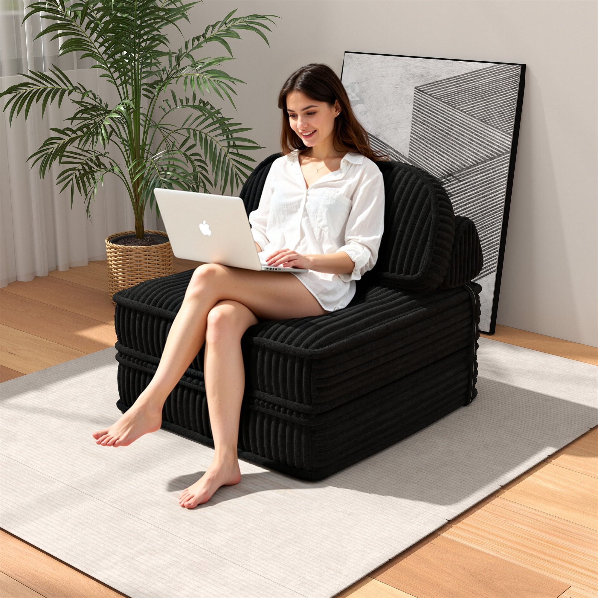 Aukfa Tufted Futon Convertible Folding Sofa Bed with Back Support, Twin Size, Corduroy, Black