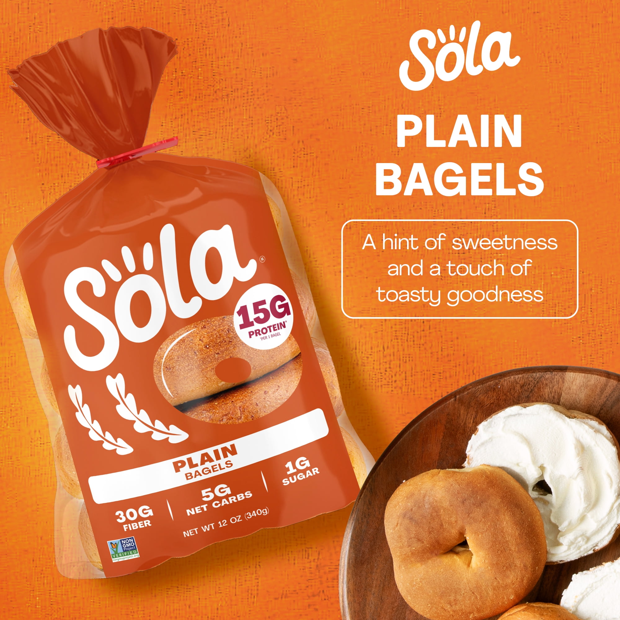 Sola Bread Plain Bagels, Non-GMO, 12 oz, 4 Count