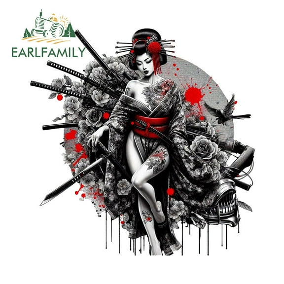 EARLFAMILY 5.1 Inch Samurai Warriorand Geisha Car Stickers Rearview Mirror Bumper Motorcycle Occlusion Scratch JDM Vinyl Decal Fashion Car Styling