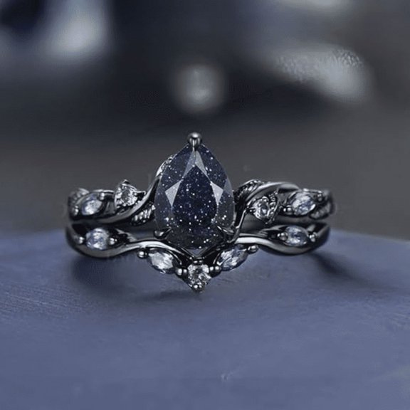 Pear Cut Galaxy Starry Sky Blue Sandstone Alexandrite Wedding Ring Set in 14k Black Gold Finish - Leaf Bridal Ring Set