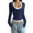thumbnail image 2 of Women'S Long Sleeve Henley T Shirts Button Ribbed Knit Slim Fit Casual Basic Tops Blouse Navy Blue L, 2 of 7