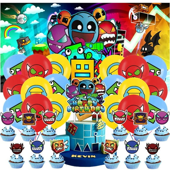 Geometry Dash Party Supplies Decor Birthday Banner Decorations Kit Latex Balloons Backdrop Cake Topper