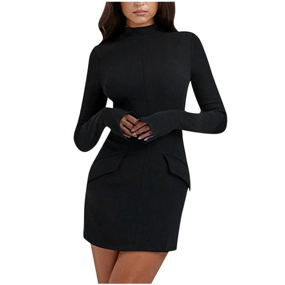 Women's Slim Mini Evening Pencil Dress Solid Color Spring Long Sleeve High Neck Elegant Casual Clearance Trendy Black M