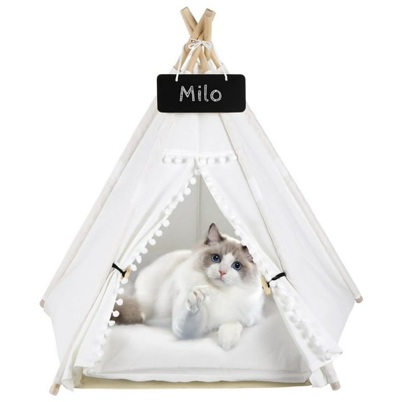 Pet Teepee for Cats Dogs, Portable Teepee Tent with Thick Cushion, Washable Dog House with Blackboard, Indoor Pet Bed for Small Pet, Puppies, Rabbits