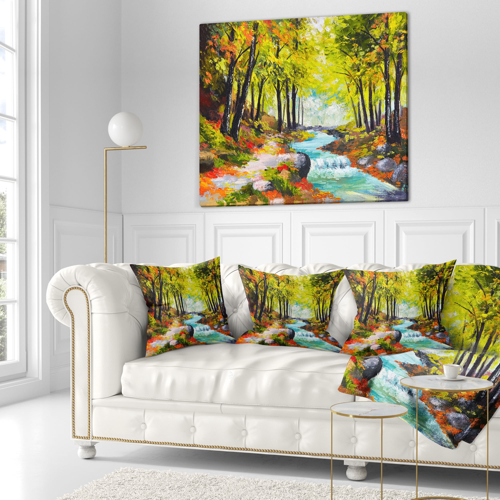Designart River in Green Autumn Forest - Landscape Painting Throw Pillow - 16x16