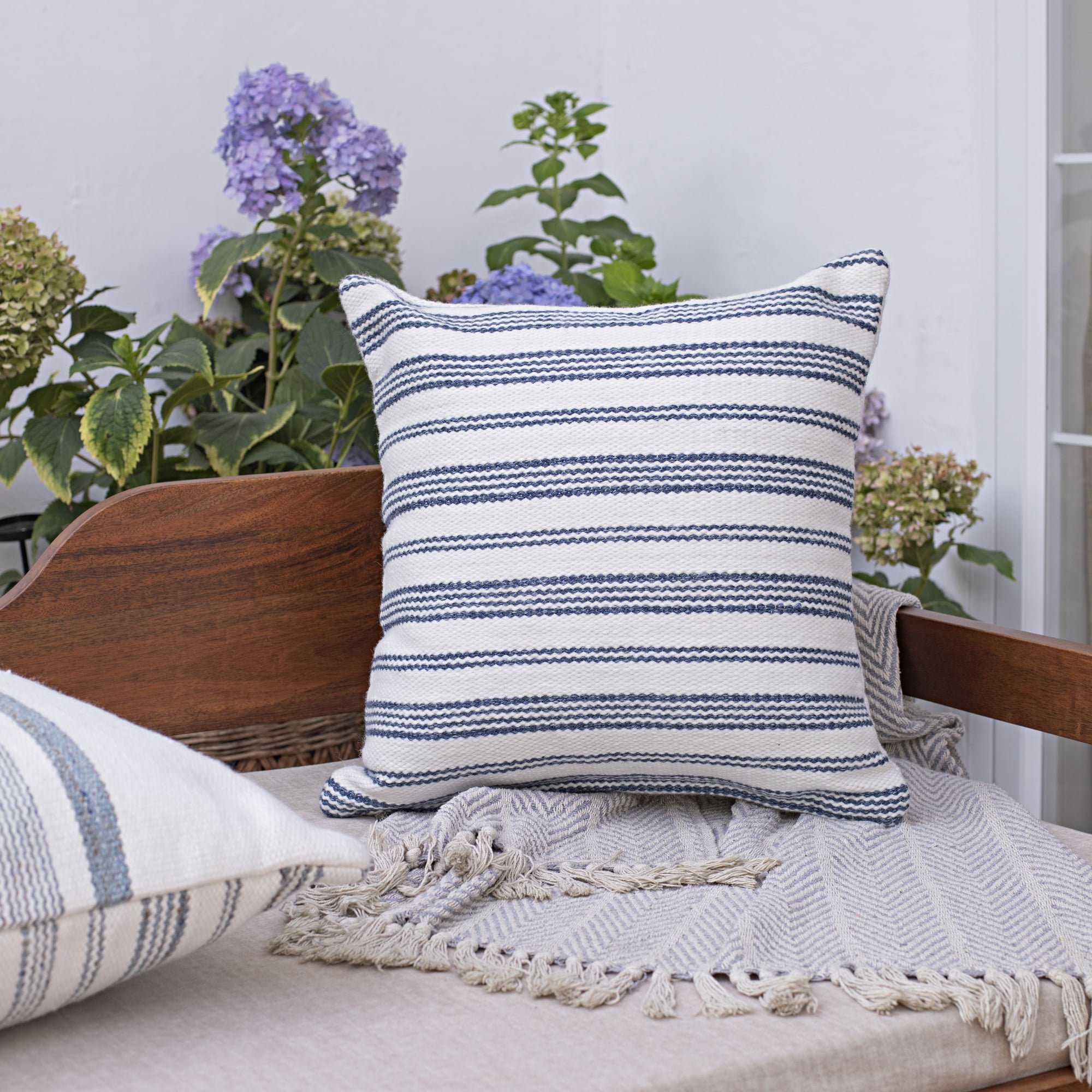 Ox Bay Petra 20" x 20" Navy/White Striped Reversible Indoor/Outdoor Adult Decorative Throw Pillow