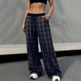 thumbnail image 4 of Miluxas Women's Plaid Printed Pants Wide Leg Lounge Pants High Waist Drawstring Loose Fit Trousers with Pockets Blue, 4 of 9