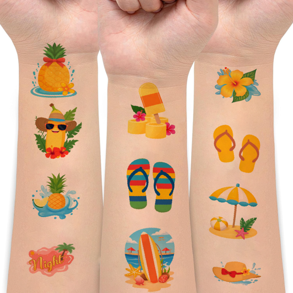 54 Temporary Tattoo Stickers Waterproof Long Lasting Body Stickers Hawaiian Beach Coconut Tree Ice Cream Swimming Ring Kids Boys Girls Tattoo Stickers Arm Arm Forearm Shoulder Cheek